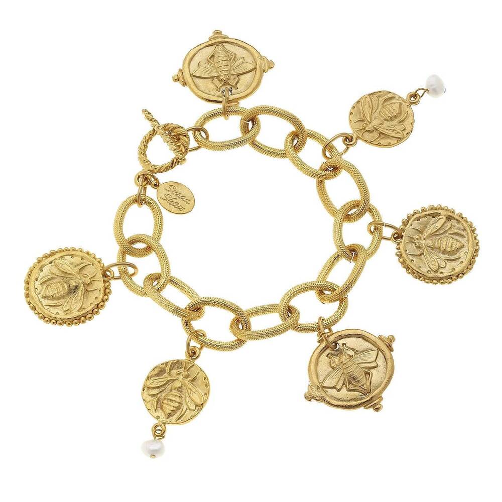 NEW SUSAN SHAW women's bee intaglio charm bracelet in gold